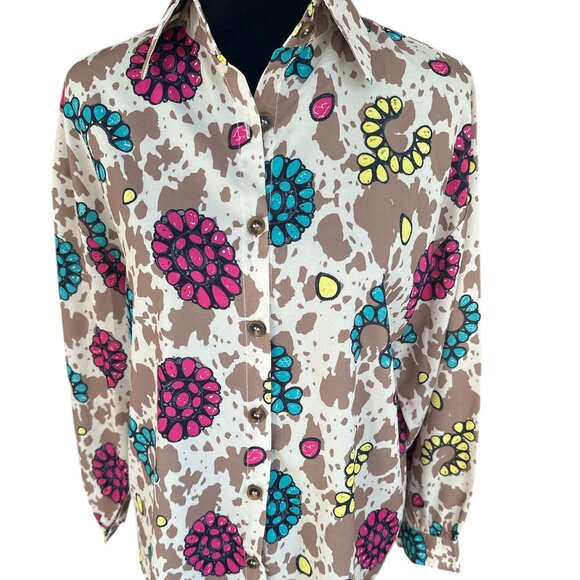 Grace & Emma Small Multicolor Cow Print Floral Long Sleeve Button Blouse - Picture 1 of 6